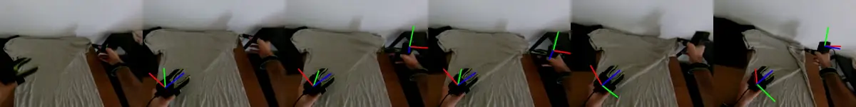 Six frames with the derived gripper pose drawn as three coloured axes on the gripper